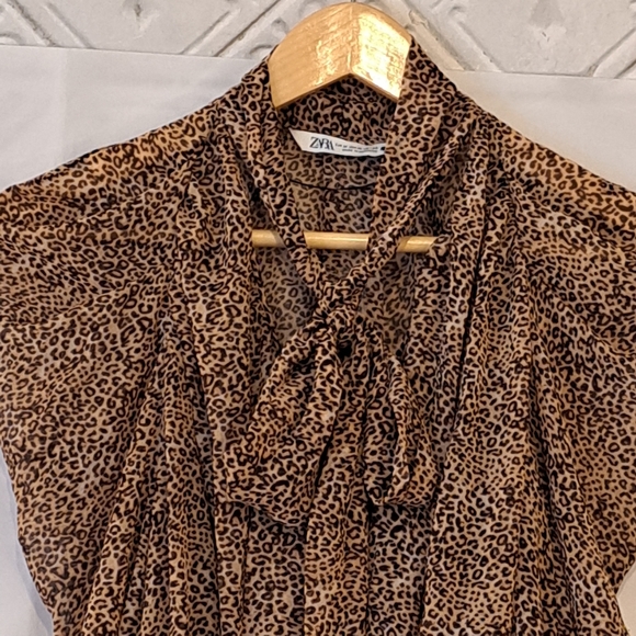 ZARA LEOPARD PRINT PUSSYCAT BOW TIE 90'S STYLE BLOUSE IN BLACK/BROWN SZ M - Picture 3 of 15